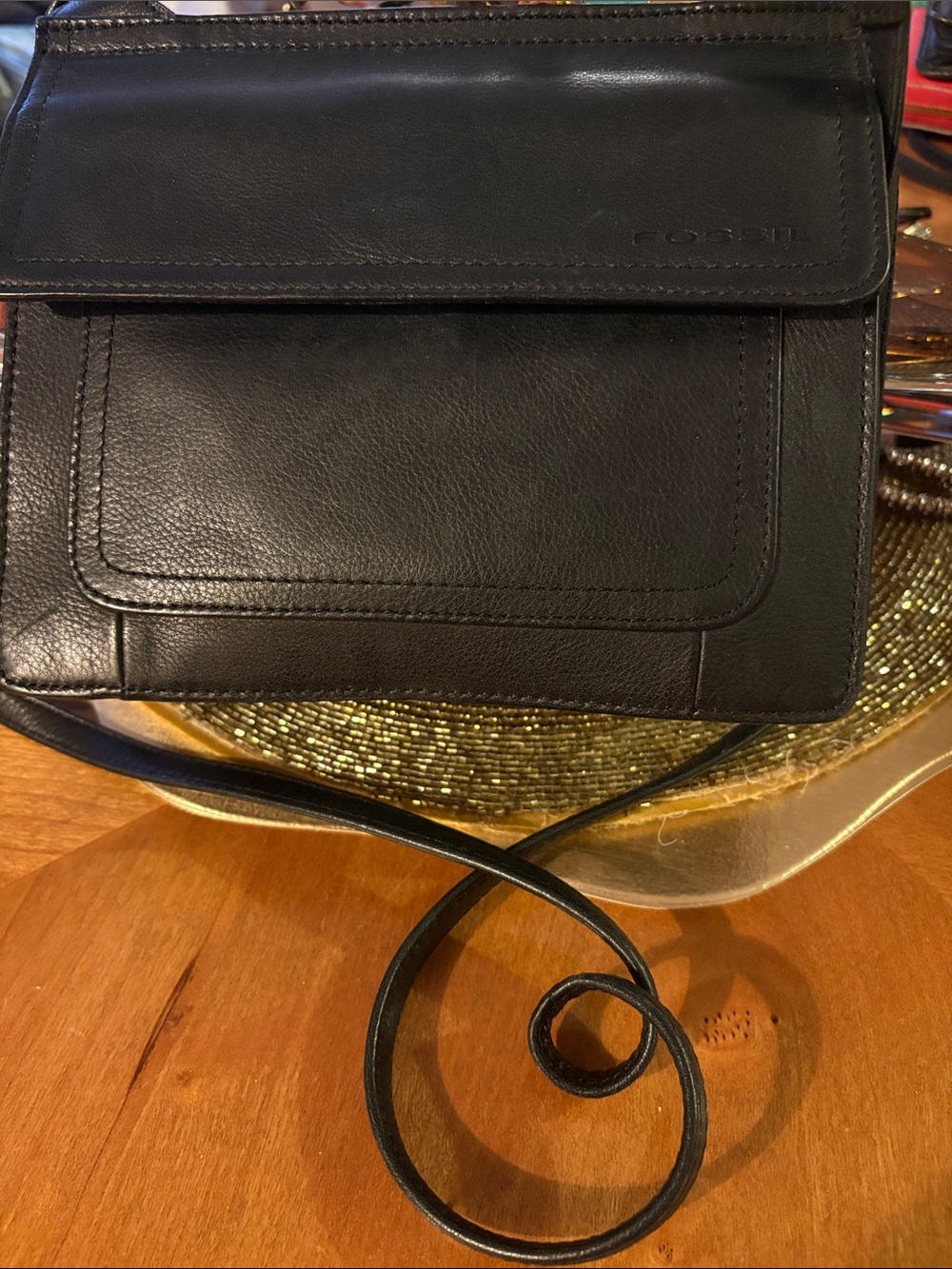 Fossil Black Leather Front-Flap Crossbody Bag